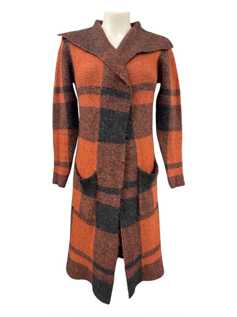 Suzy Shier Orange & Brown Plaid Long Open-Front Cardigan Size XS